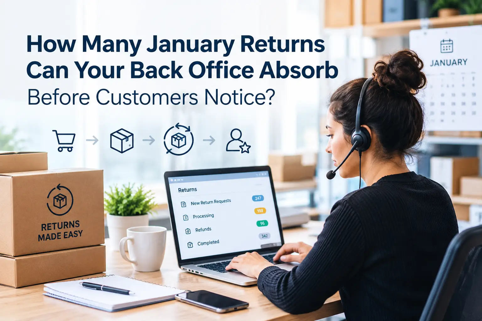 d7cb8334-4c17-47ae-8bb7-dd3a80fce4fc E-commerce back office team processing January returns and refunds to improve customer satisfaction
